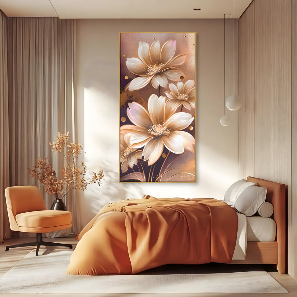 Tablou canvas cu tablou canvas cu flori aurii pe fond maro, in rama de aluminiu auriu, pe perete intr-un dormitor